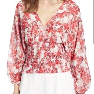 WAYF Coral and White Floral Blouse